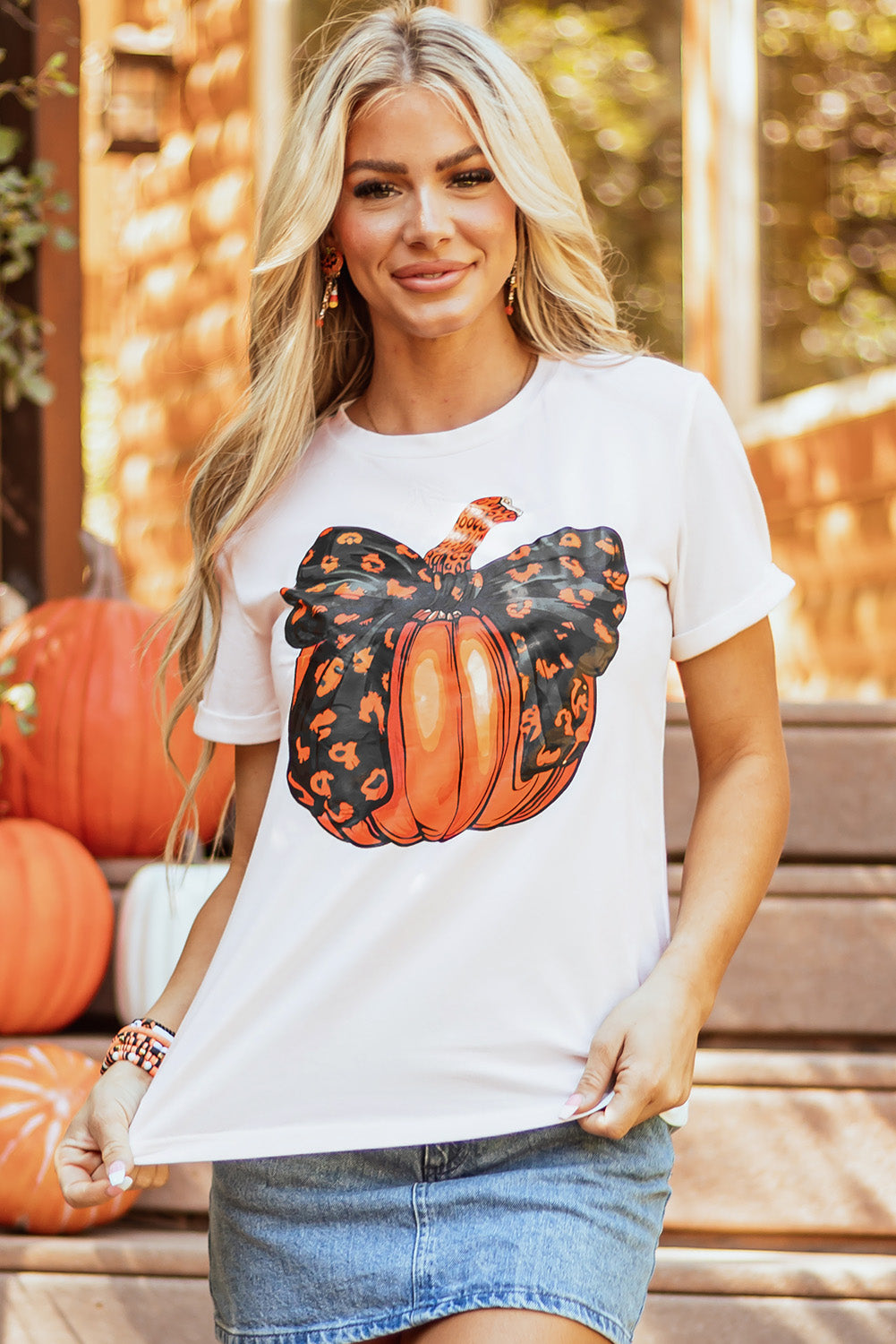 White Bowknot Pumpkin Graphic Crewneck T Shirt