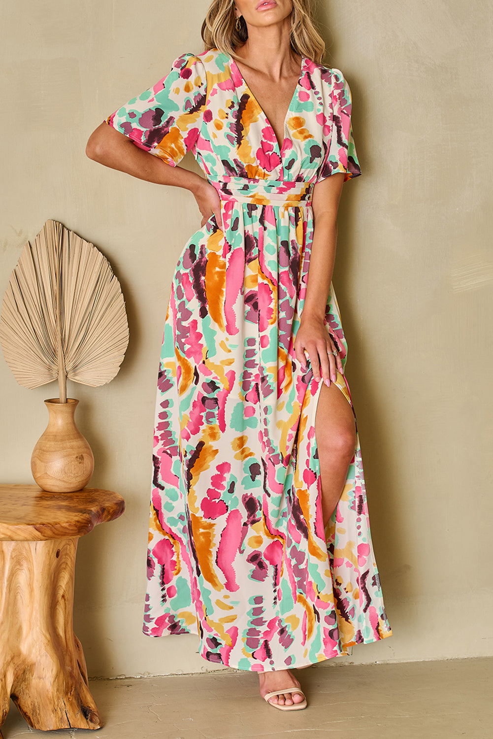 Pink Boho Tie-dye Print V Neck Maxi Dress