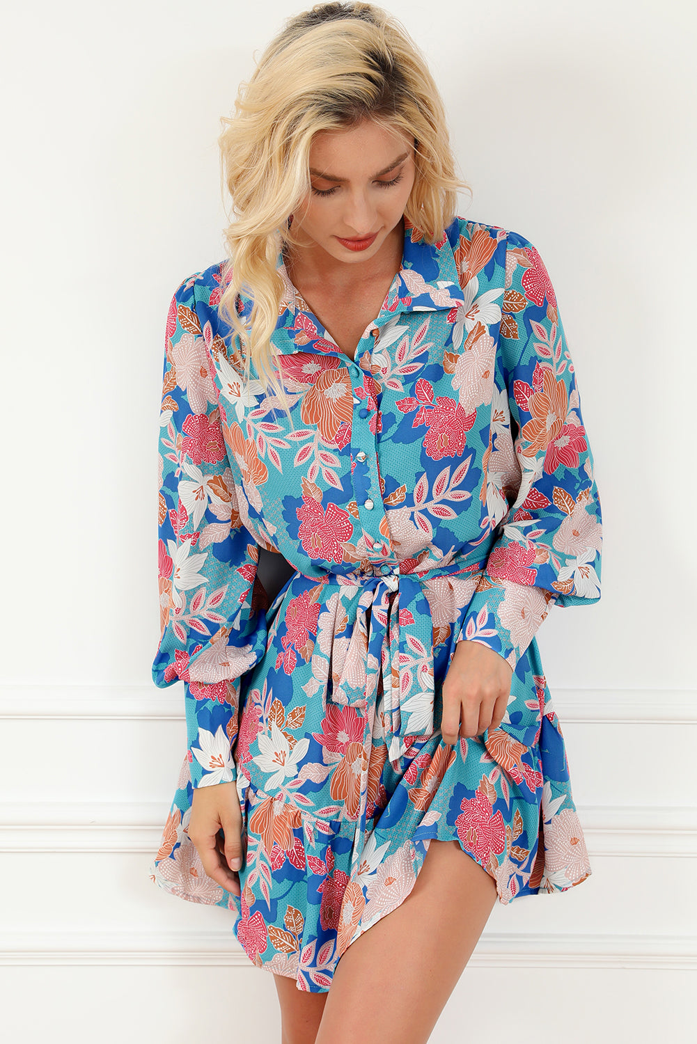 Blue Floral Print Lantern Sleeve Belted Shirt Dress - The Red Leopard Boutique 