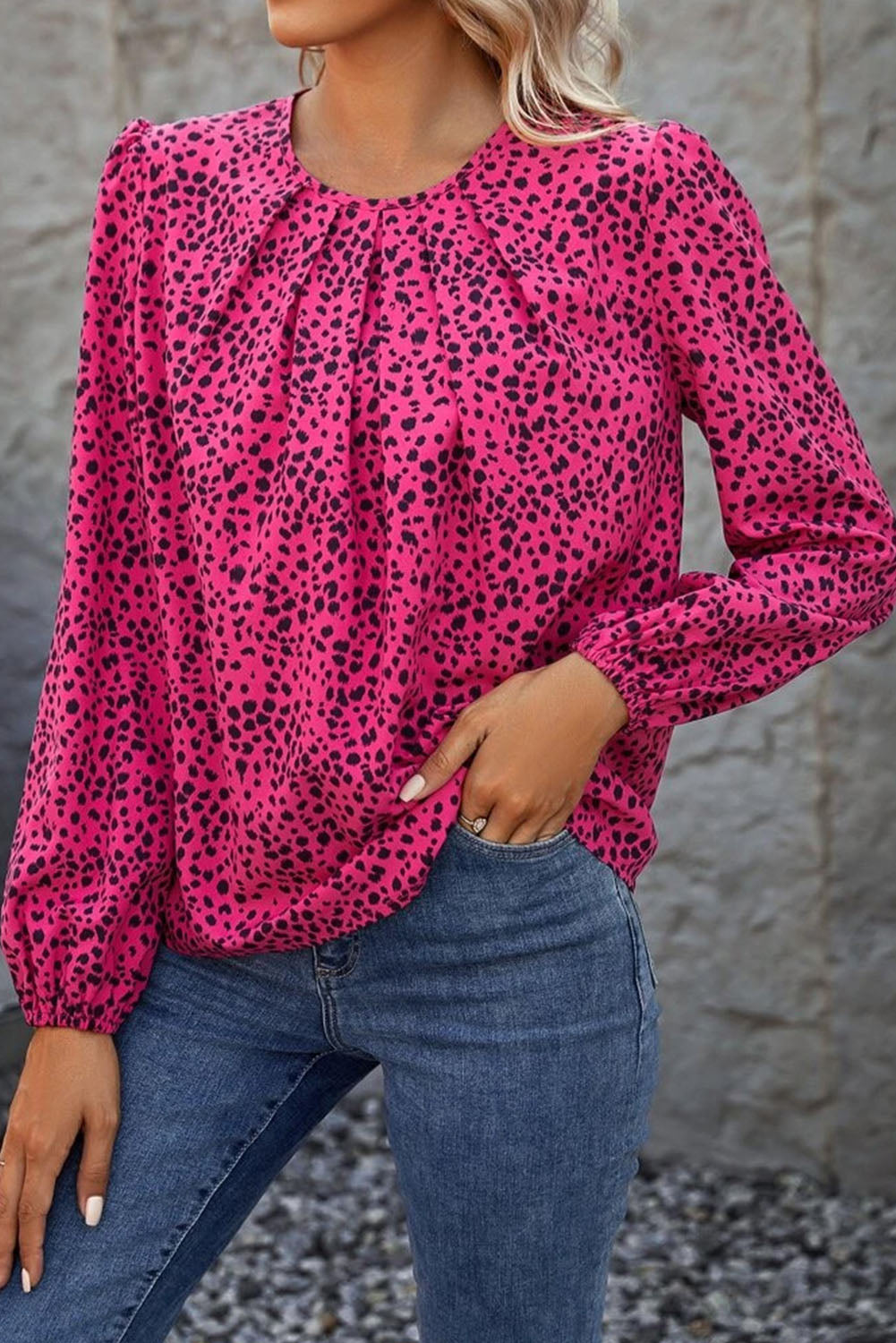 Rose Leopard Print Pleated Blouse with Keyhole - The Red Leopard Boutique 