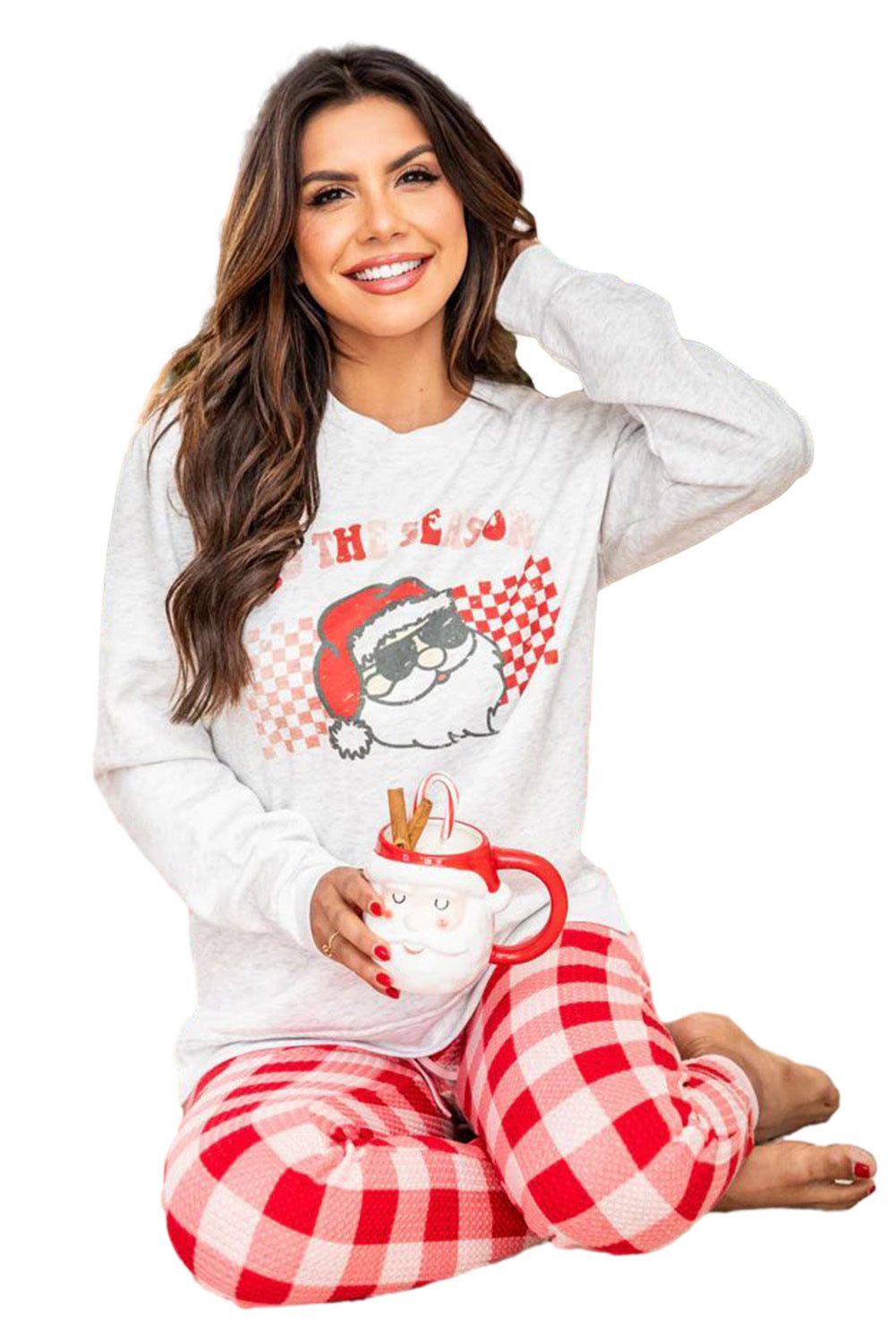 Multicolor Christmas Claus Graphic Top Plaid Pants Lounge Set