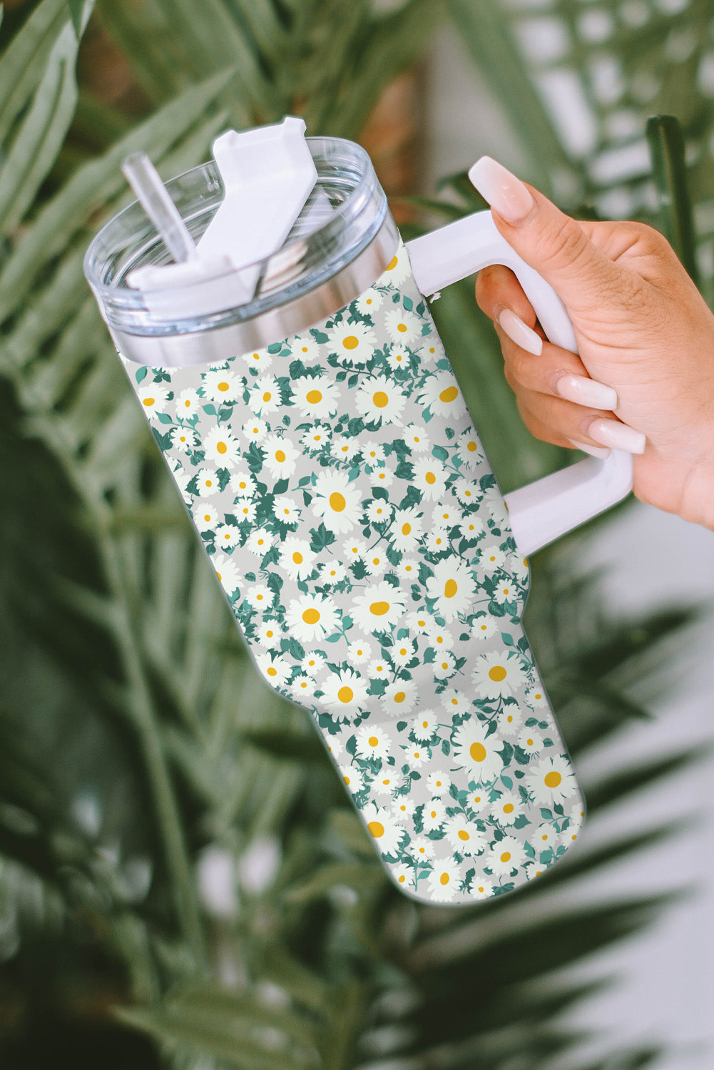 Mint Green Daisy Print Handled Stainless Steel Vacuum Cup