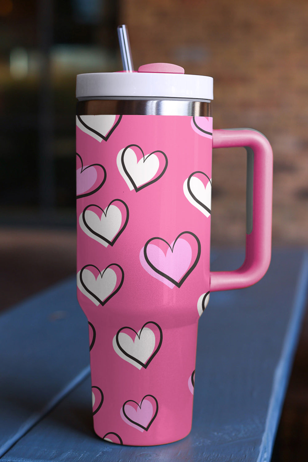 Rose Red Valentines Heart Printed Thermos Cup with Handle - The Red Leopard Boutique 