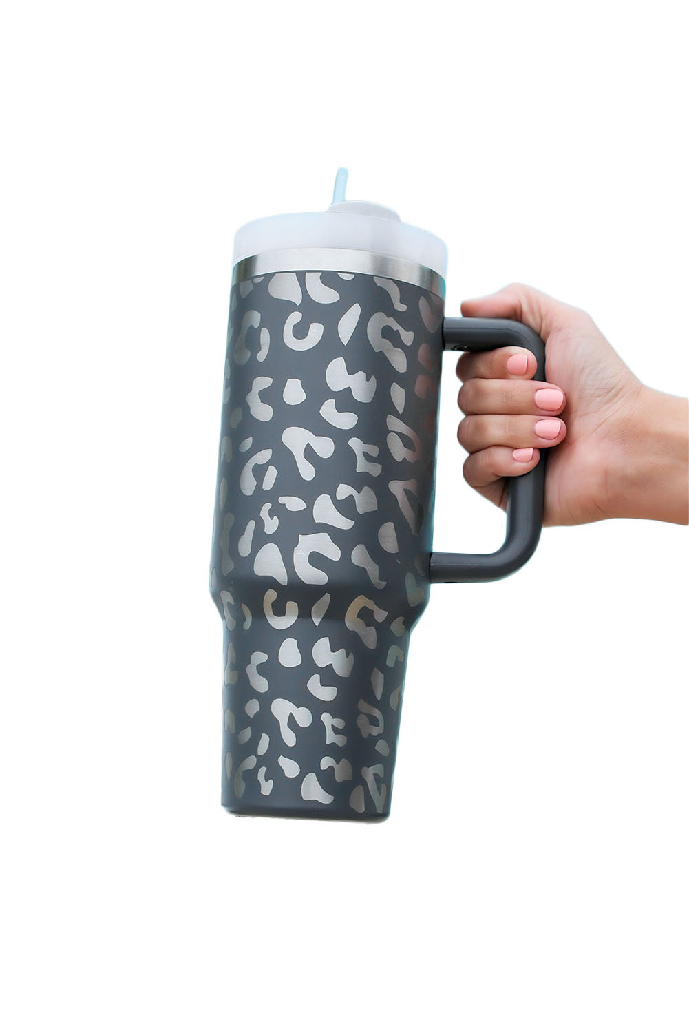 Gray Leopard Print 40OZ Stainless Steel Portable Cup with Handle - The Red Leopard Boutique 