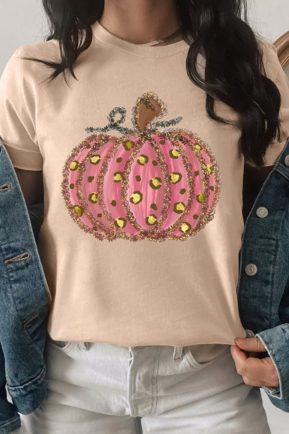 Khaki Leopard Pumpkin Graphic Round Neck T Shirt