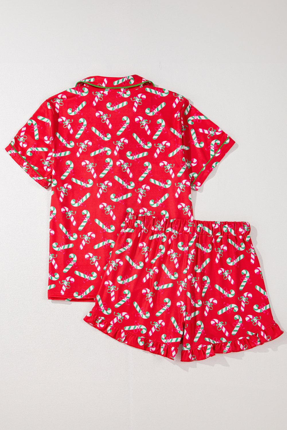 Green Christmas Candy Cane Print Pocketed Knotted Pajama Set