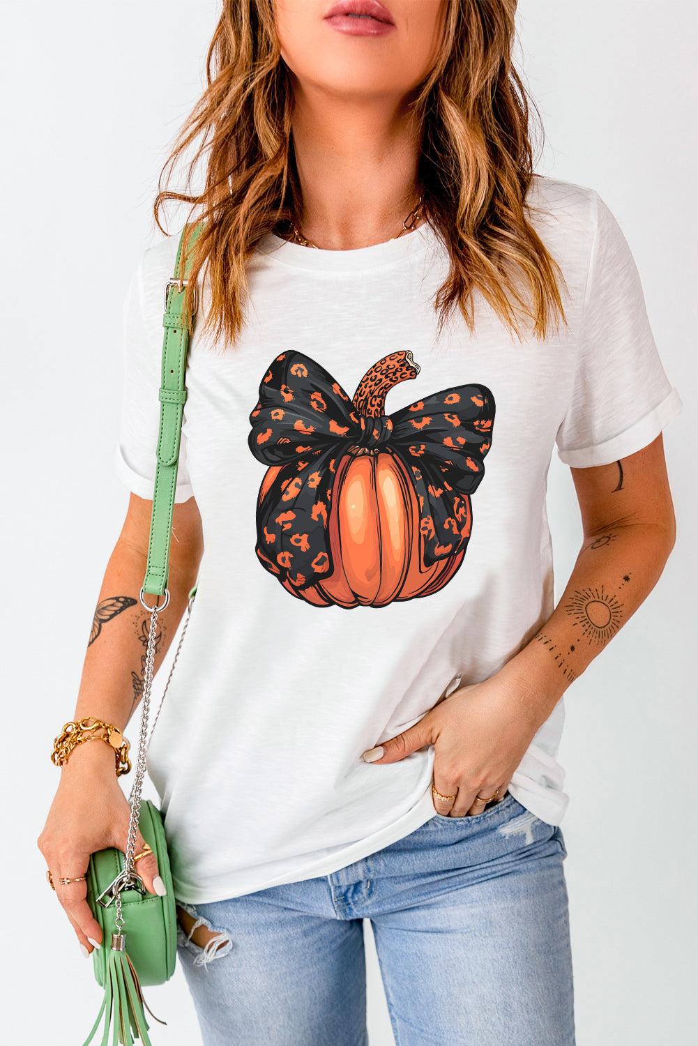 White Bowknot Pumpkin Graphic Crewneck T Shirt