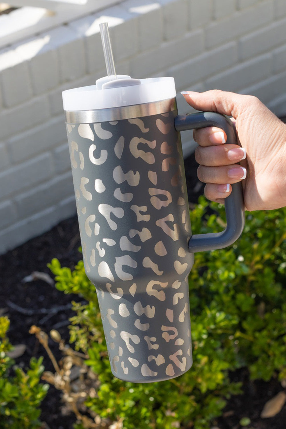 Gray Leopard Print 40OZ Stainless Steel Portable Cup with Handle - The Red Leopard Boutique 