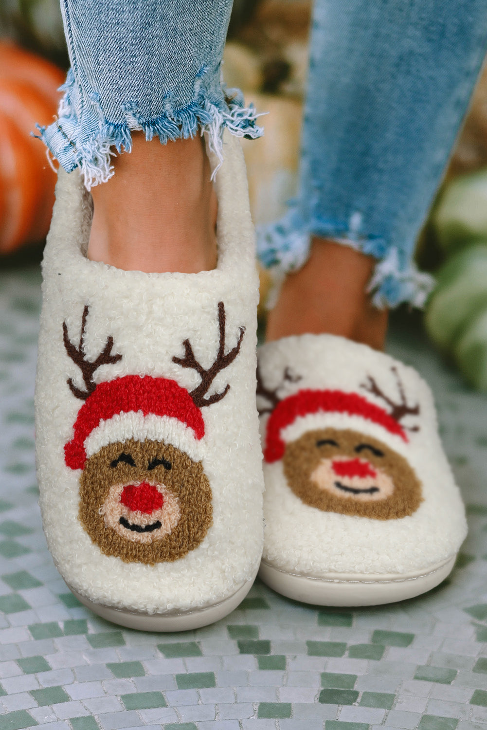 White Christmas Deer Home Indoor Plush Slippers - The Red Leopard Boutique 