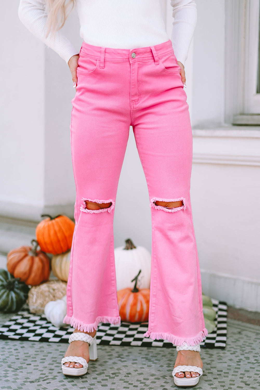 Pink Vintage High Waist Flare Leg Ripped Raw Hem Jeans - The Red Leopard Boutique 