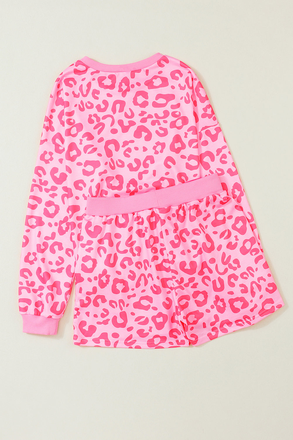 Pink Leopard Long Sleeve Satin Tie Shorts Two Piece Set - The Red Leopard Boutique 