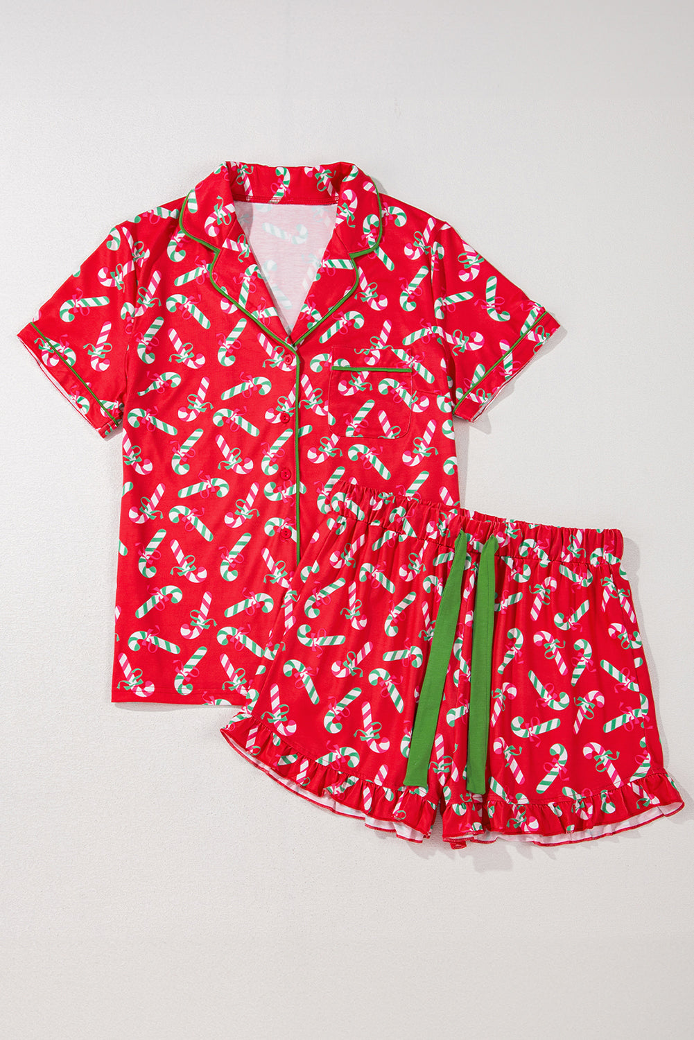 Green Christmas Candy Cane Print Pocketed Knotted Pajama Set