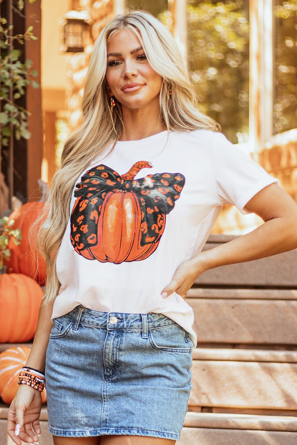 White Bowknot Pumpkin Graphic Crewneck T Shirt