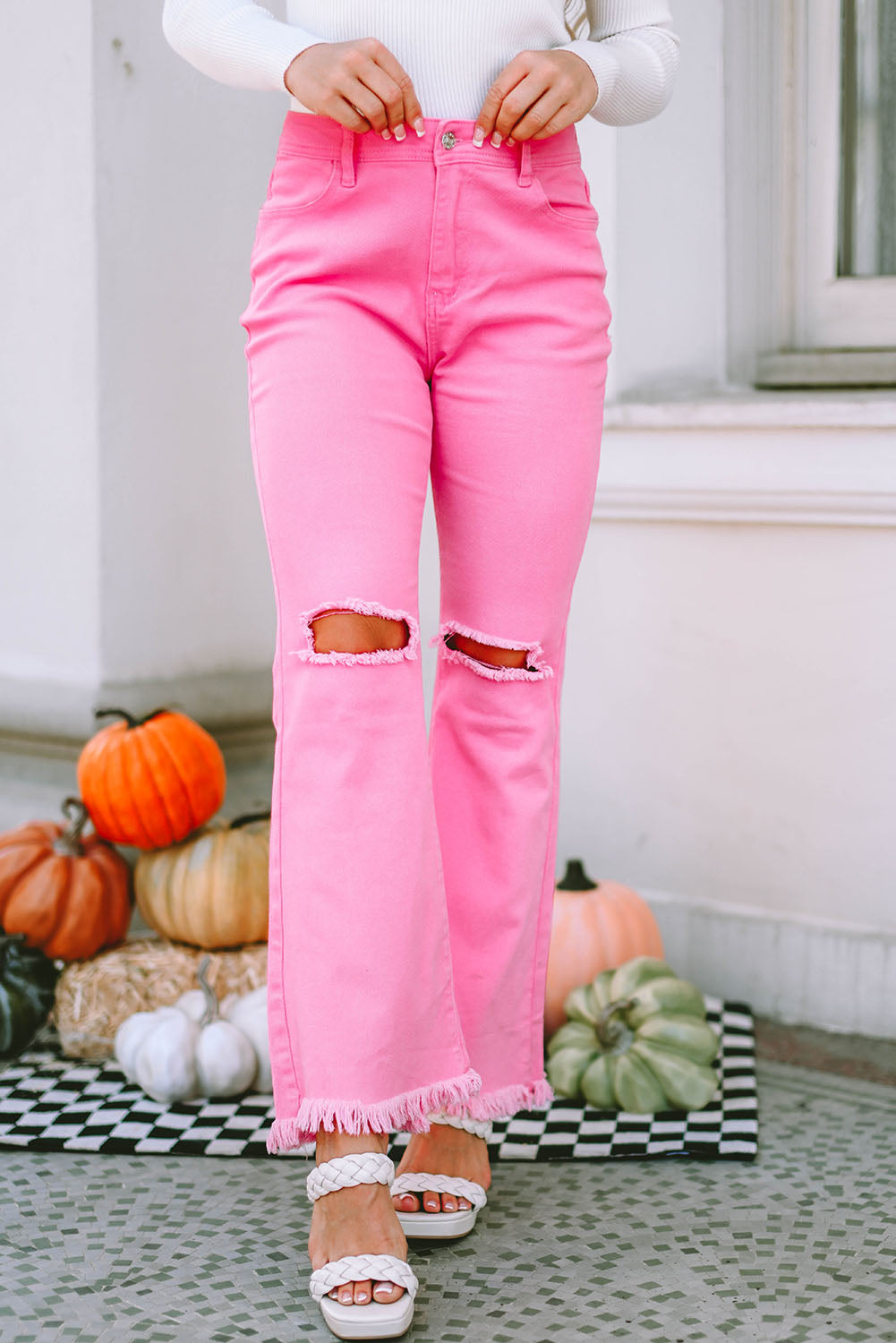 Pink Vintage High Waist Flare Leg Ripped Raw Hem Jeans - The Red Leopard Boutique 