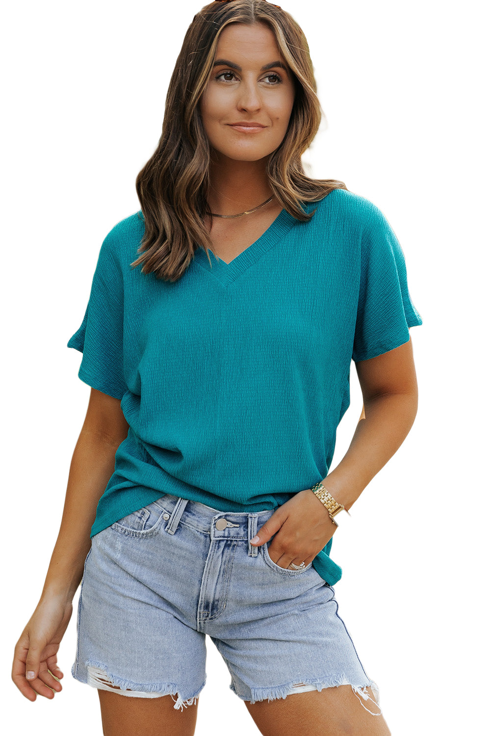 Black Crinkled V Neck Wide Sleeve T-shirt