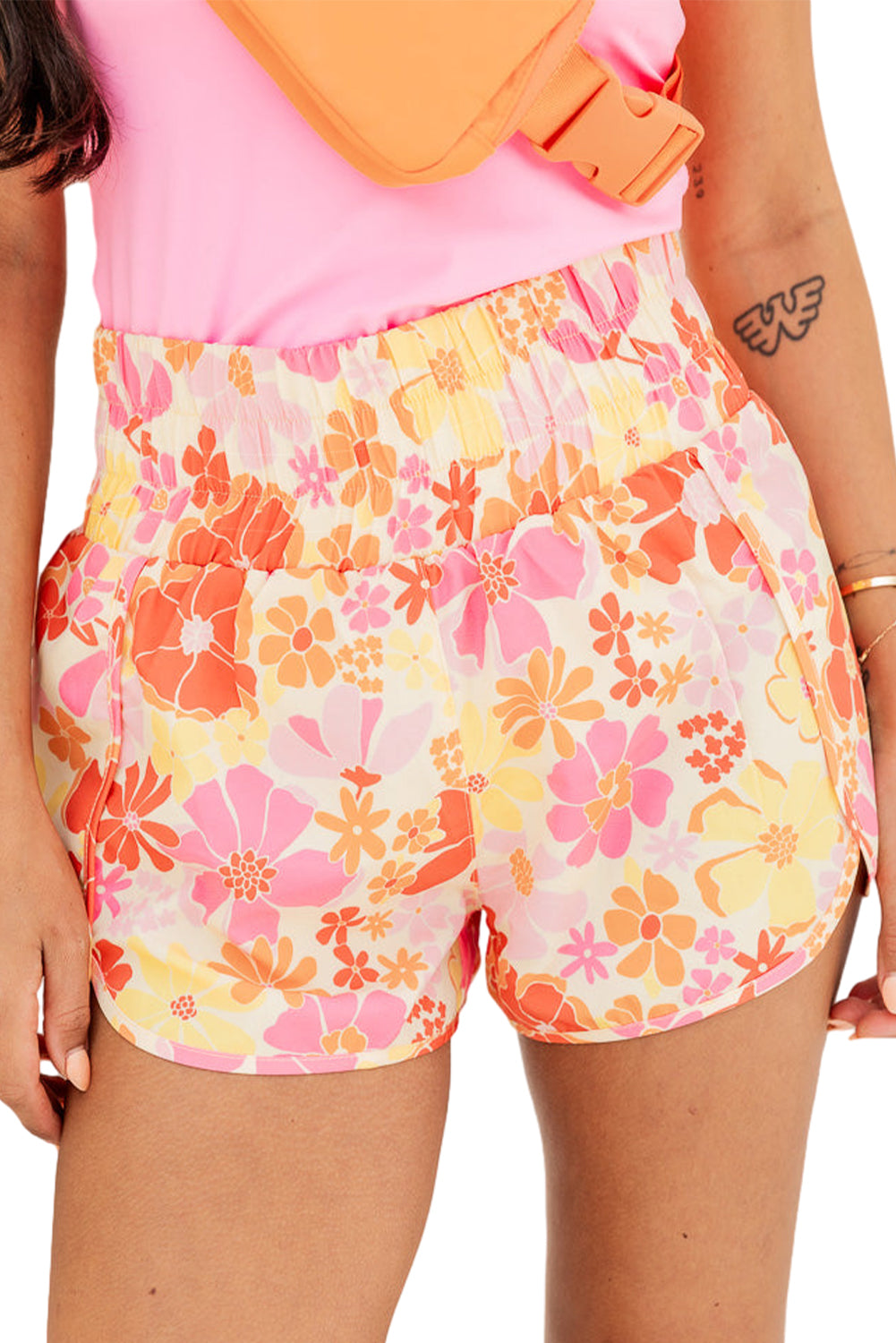 Pink Boho Floral Shirred High Waist Casual Shorts