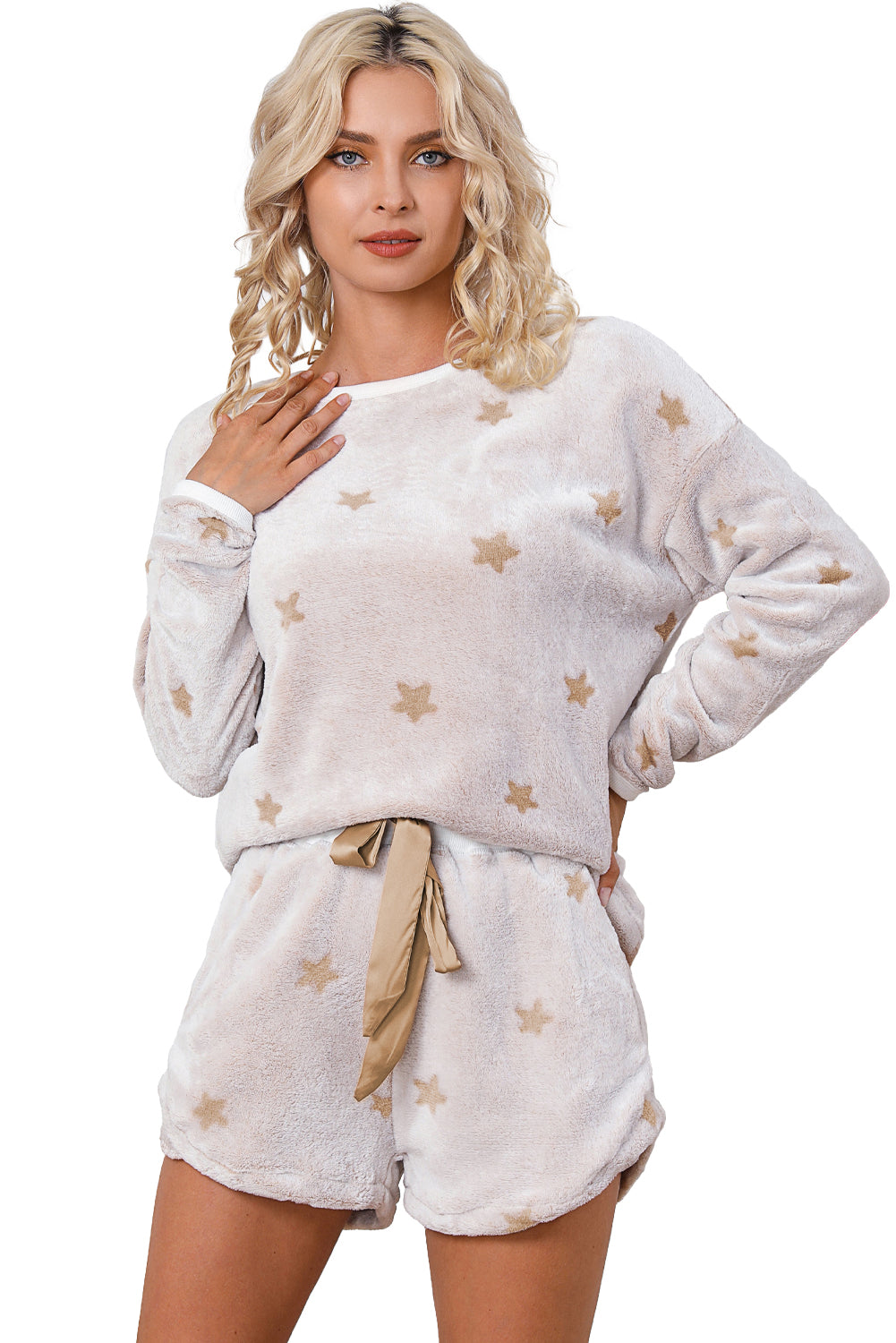 White Plush Star Pattern Long Sleeve Pullover and Shorts Lounge Set - The Red Leopard Boutique 