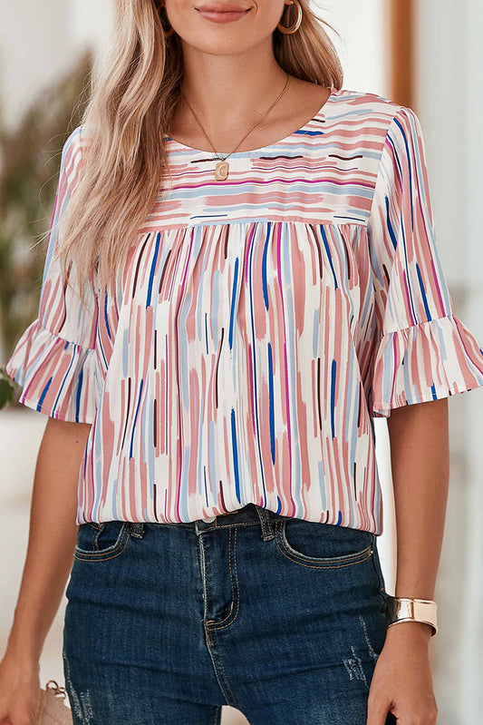 White Colorblock Striped Ruffle Half Sleeve Blouse