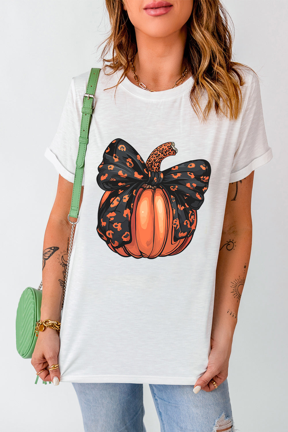 White Bowknot Pumpkin Graphic Crewneck T Shirt