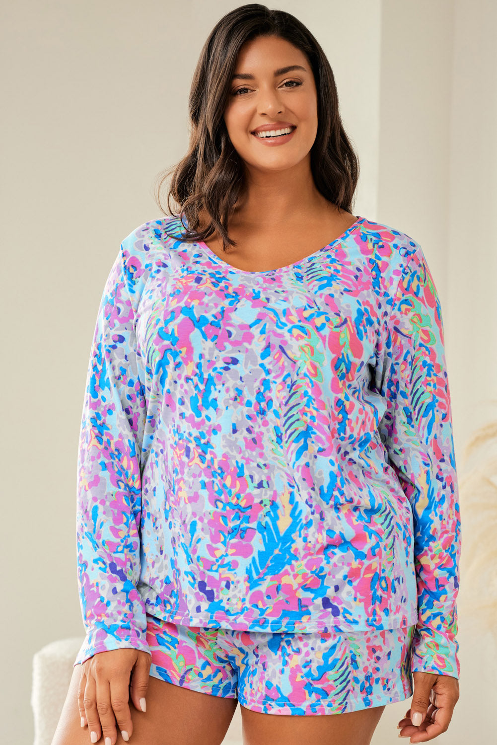 Sky Blue Plus Size Floral Print Long Sleeve and Shorts Lounge Outfit - The Red Leopard Boutique 