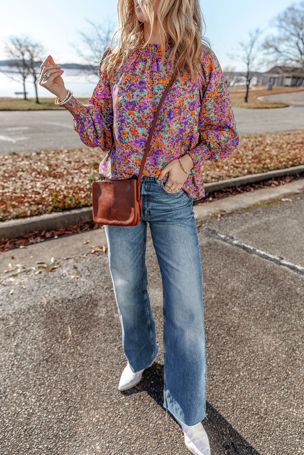 Purple Floral Print Smocked Cuffs Frill Neck Blouse