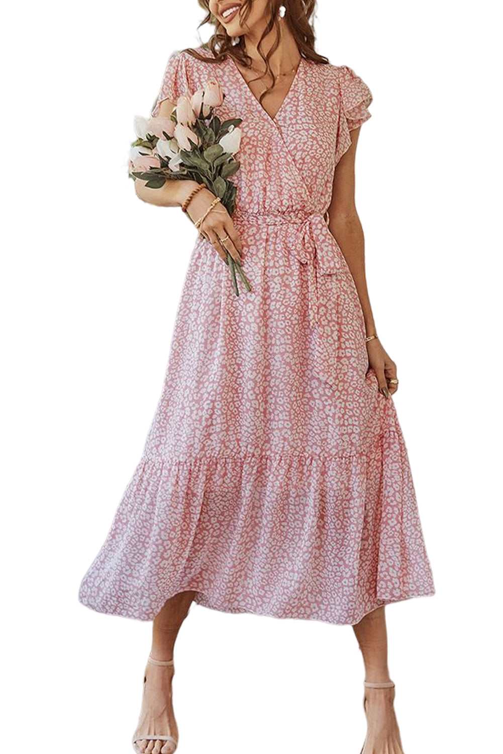 Pink Leopard Surplice Ruffled Sleeve Tiered Long Dress - The Red Leopard Boutique 