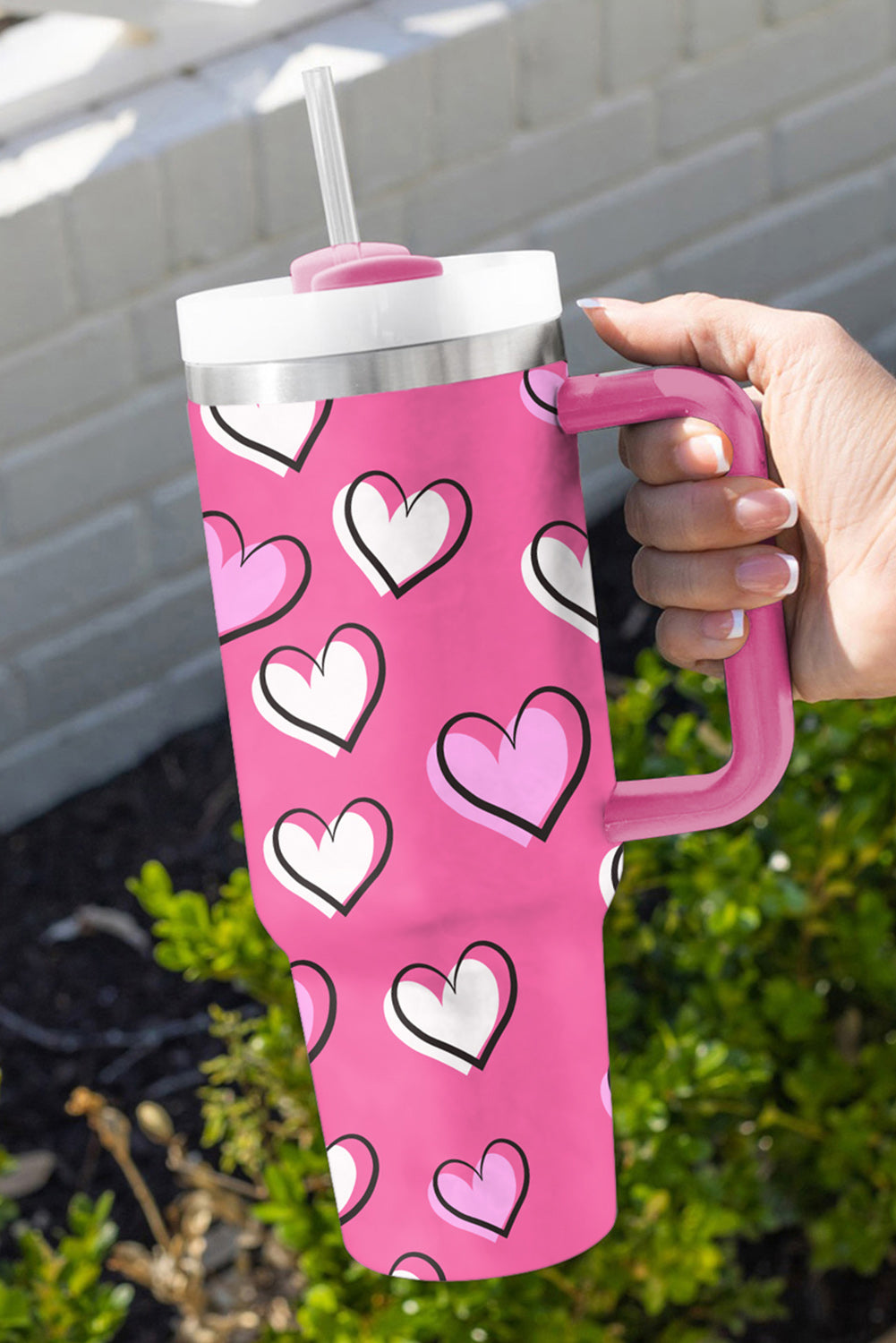 Rose Red Valentines Heart Printed Thermos Cup with Handle - The Red Leopard Boutique 