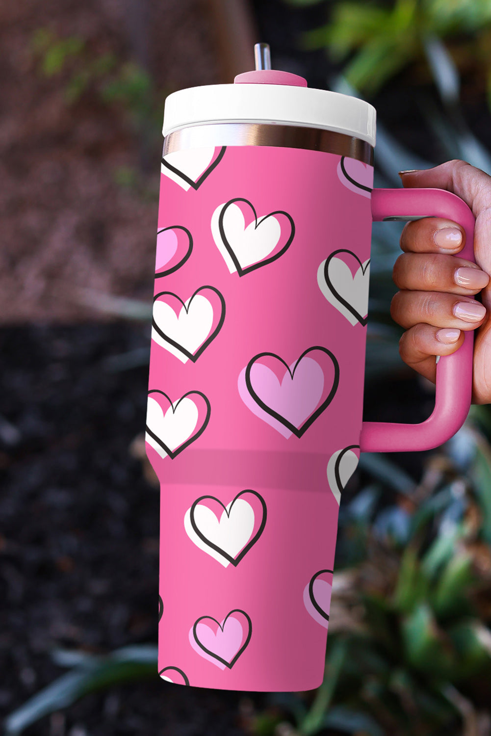 Rose Red Valentines Heart Printed Thermos Cup with Handle - The Red Leopard Boutique 