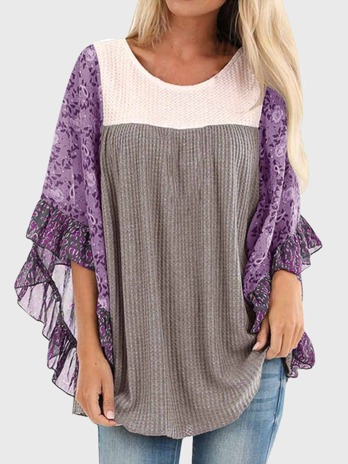 Full Size Printed Round Neck Three-Quarter Sleeve Blouse