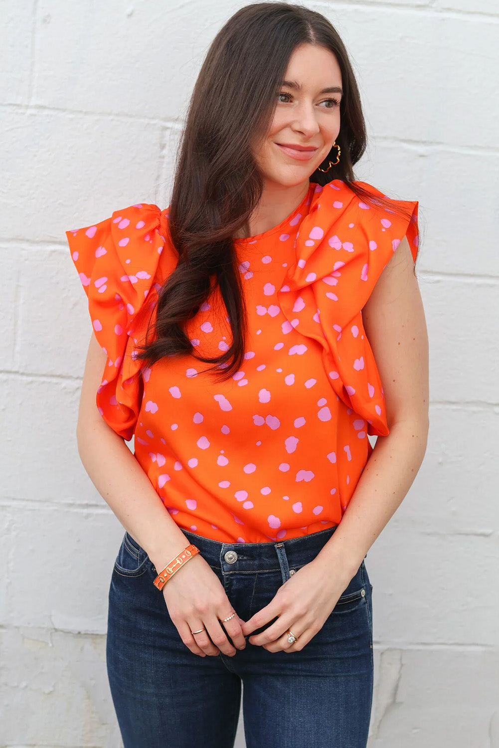 Orange Spotted Print Ruffle Short Sleeve Blouse