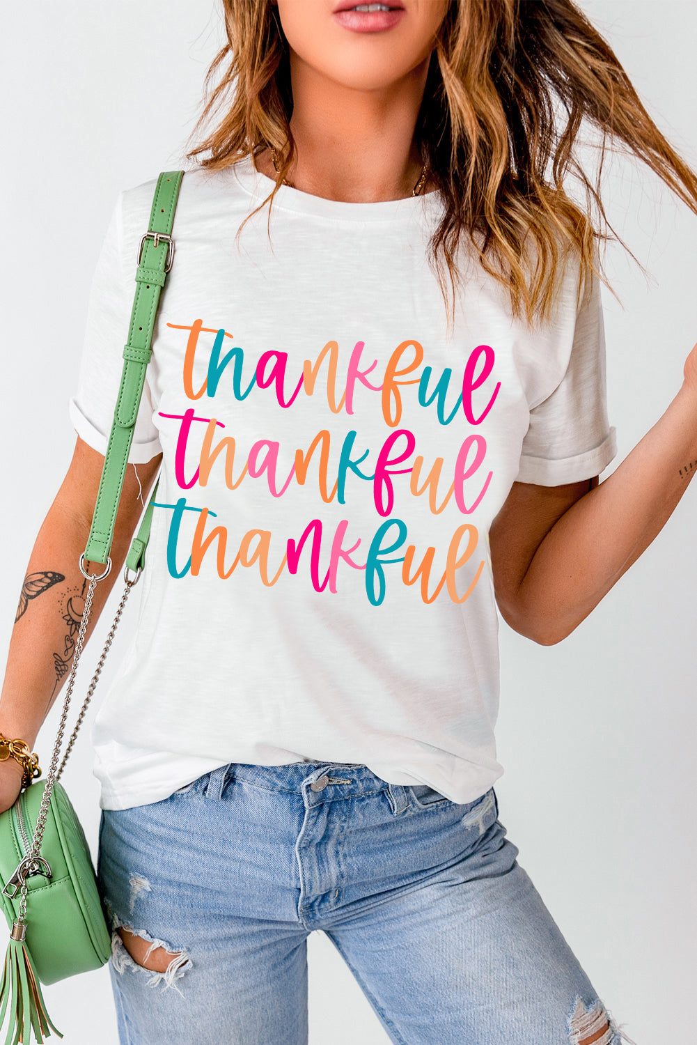 White Colorful Thankful Print Thanksgiving Graphic T-Shirt