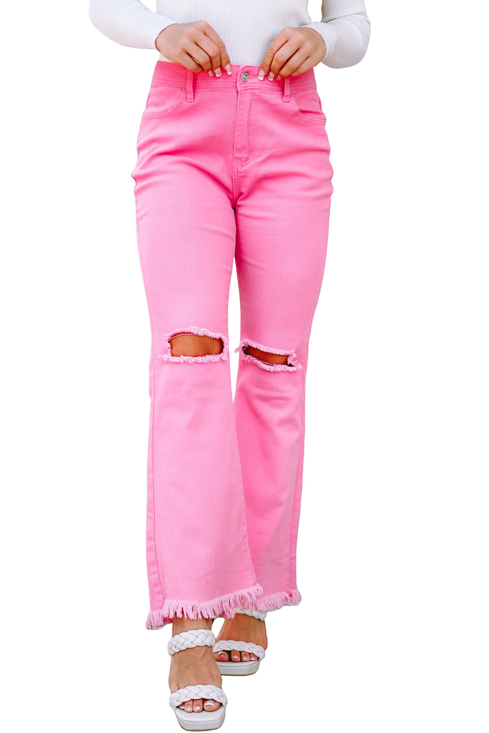 Pink Vintage High Waist Flare Leg Ripped Raw Hem Jeans - The Red Leopard Boutique 