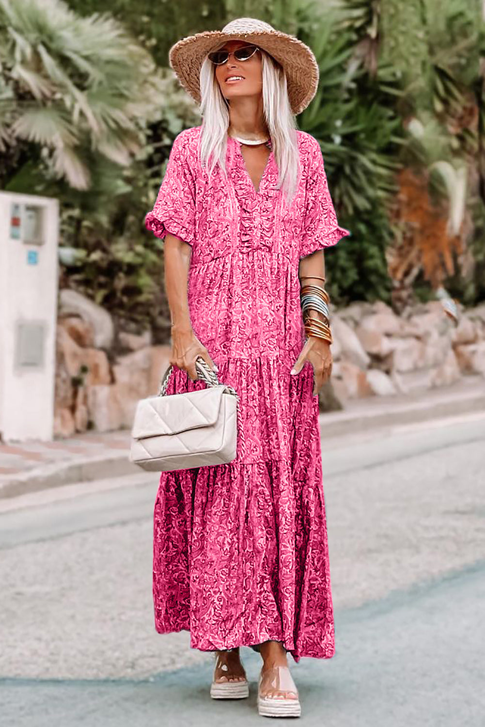 Pink Paisley Print Boho Holiday Ruffle Tiered Maxi Dress - The Red Leopard Boutique 