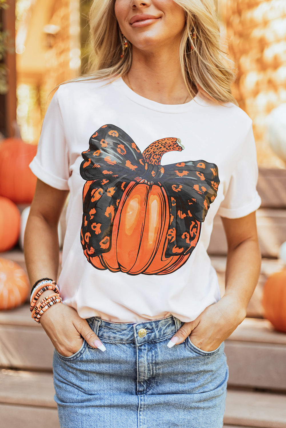 White Bowknot Pumpkin Graphic Crewneck T Shirt