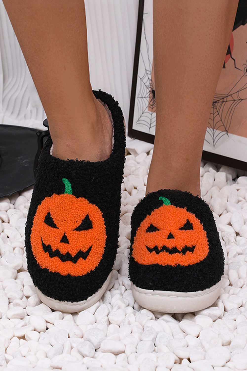 White Halloween Pumpkin Print Plush Slippers (Runs Small, Size Up)