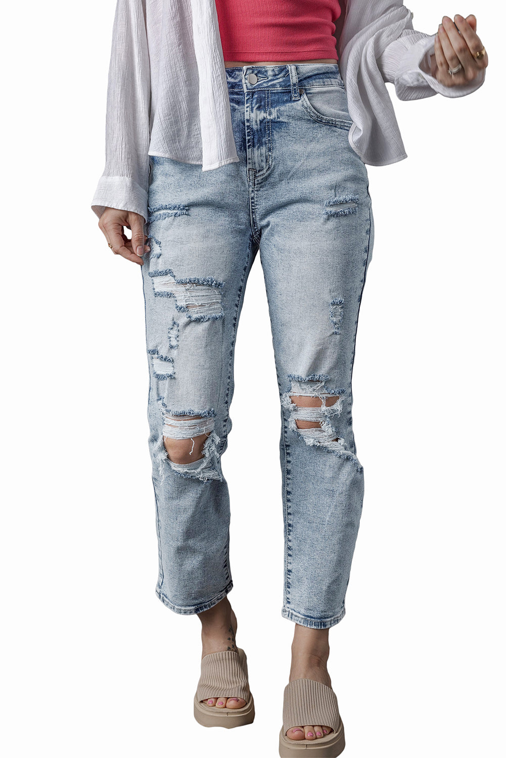 Sky Blue Light Wash Frayed Slim Fit High Waist Jeans - The Red Leopard Boutique 