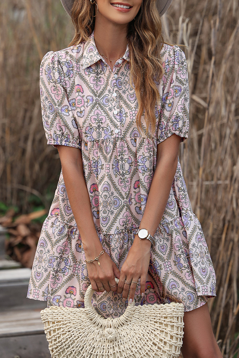 Pink Floral Button Shirt Collar Puff Sleeve Ruffle Dress - The Red Leopard Boutique 