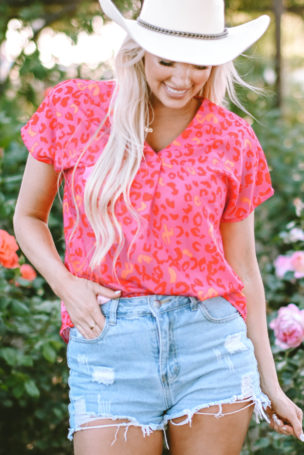 Pink Leopard V Neck Short Sleeve Blouse