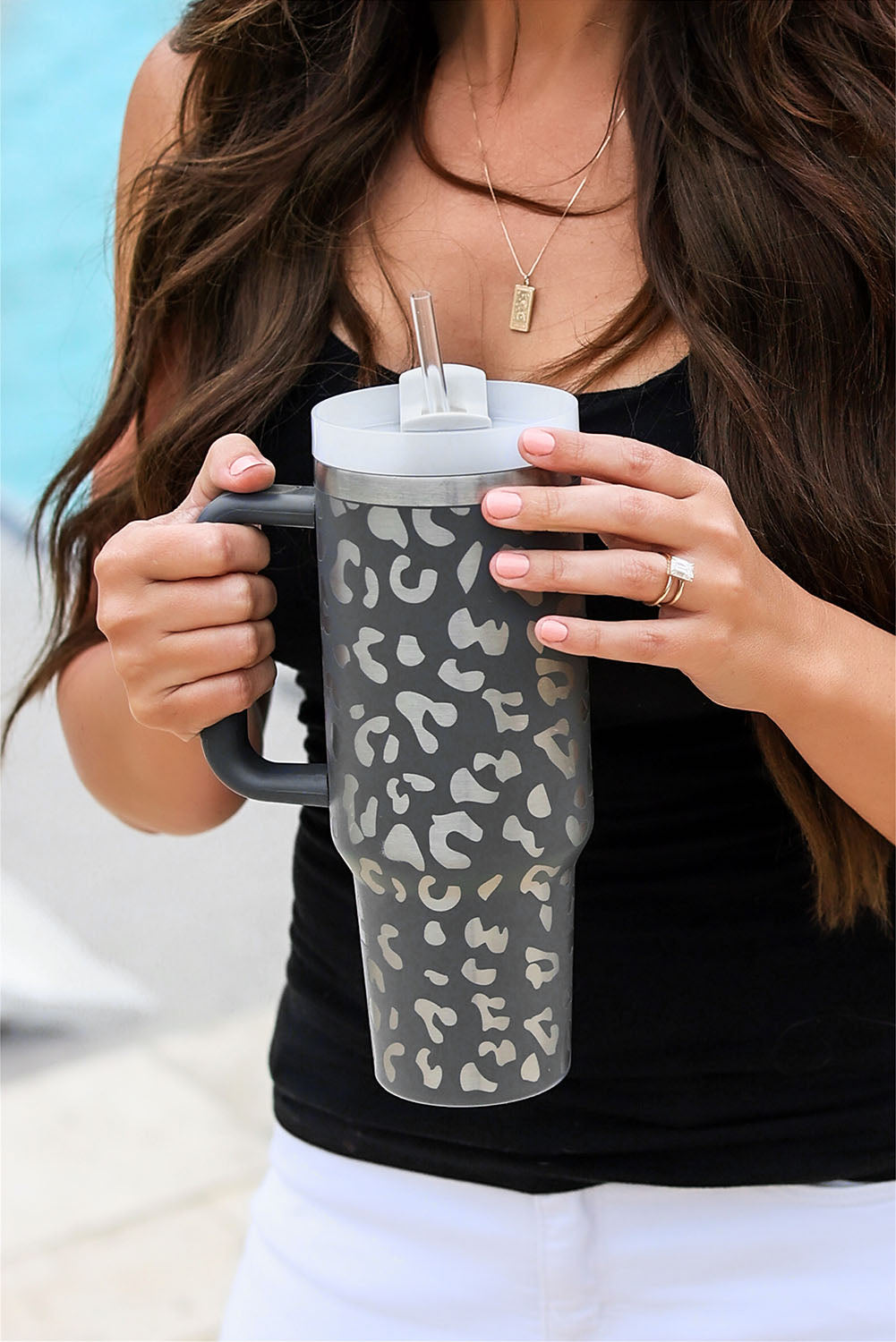 Gray Leopard Print 40OZ Stainless Steel Portable Cup with Handle - The Red Leopard Boutique 