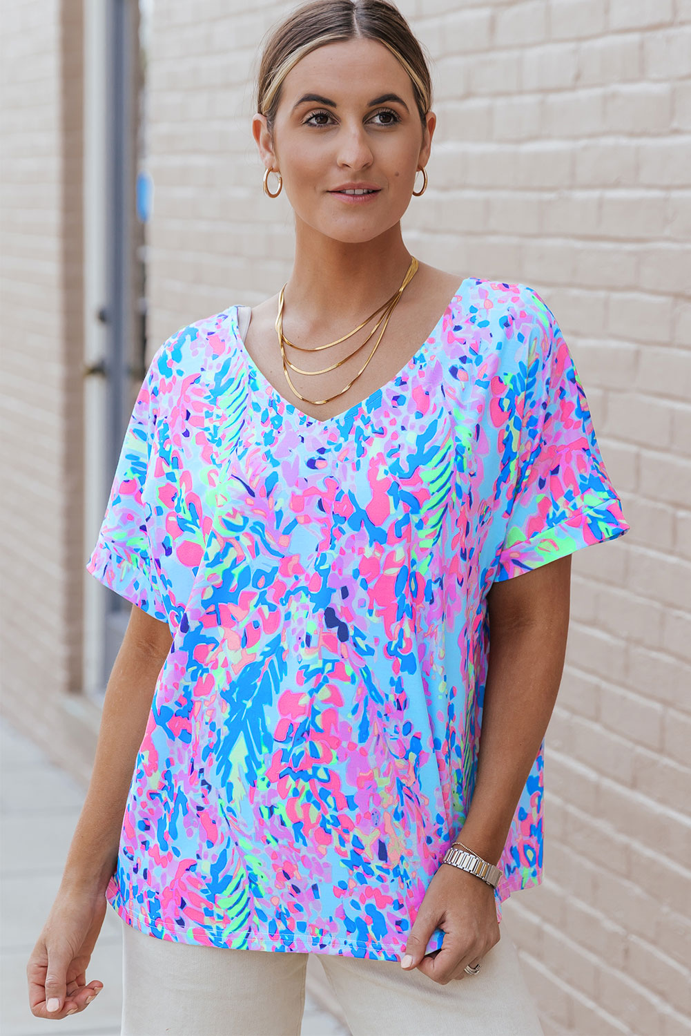 Sky Blue Loose Painted Floral Tee