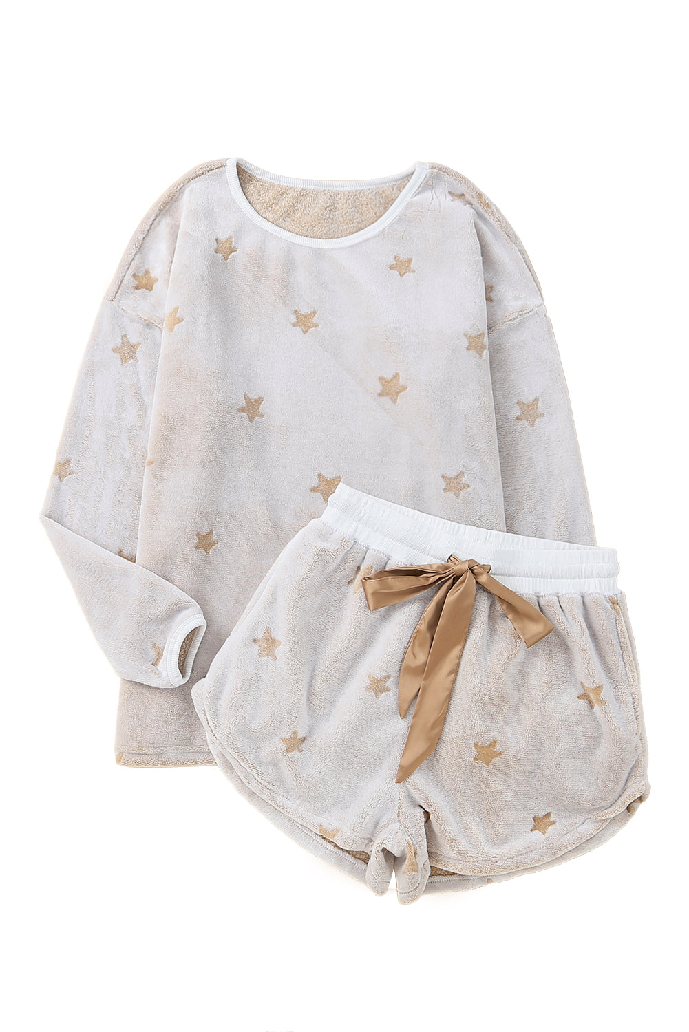 White Plush Star Pattern Long Sleeve Pullover and Shorts Lounge Set - The Red Leopard Boutique 