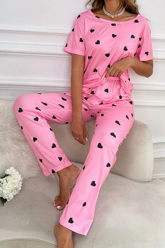 Pink Valentines Heart Print Tee and Pants Lounge Set - The Red Leopard Boutique 