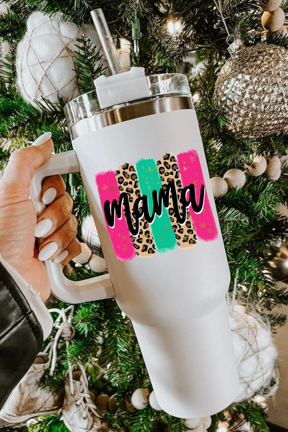 White mama Leopard Colorblock Handle Portable Cup 40oz - The Red Leopard Boutique 