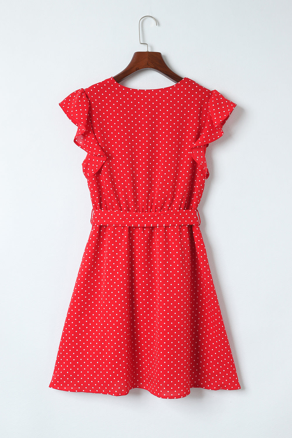 Fiery Red Polka Dot V Neck Ruffle Sleeve Dress - The Red Leopard Boutique 