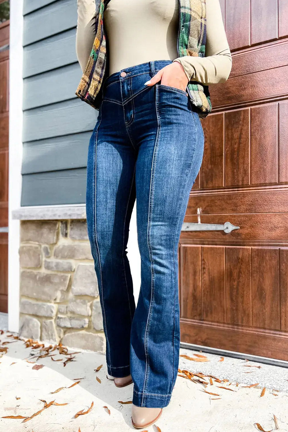 Blue High Waist Seam Stitching Pocket Flare Jeans - The Red Leopard Boutique 