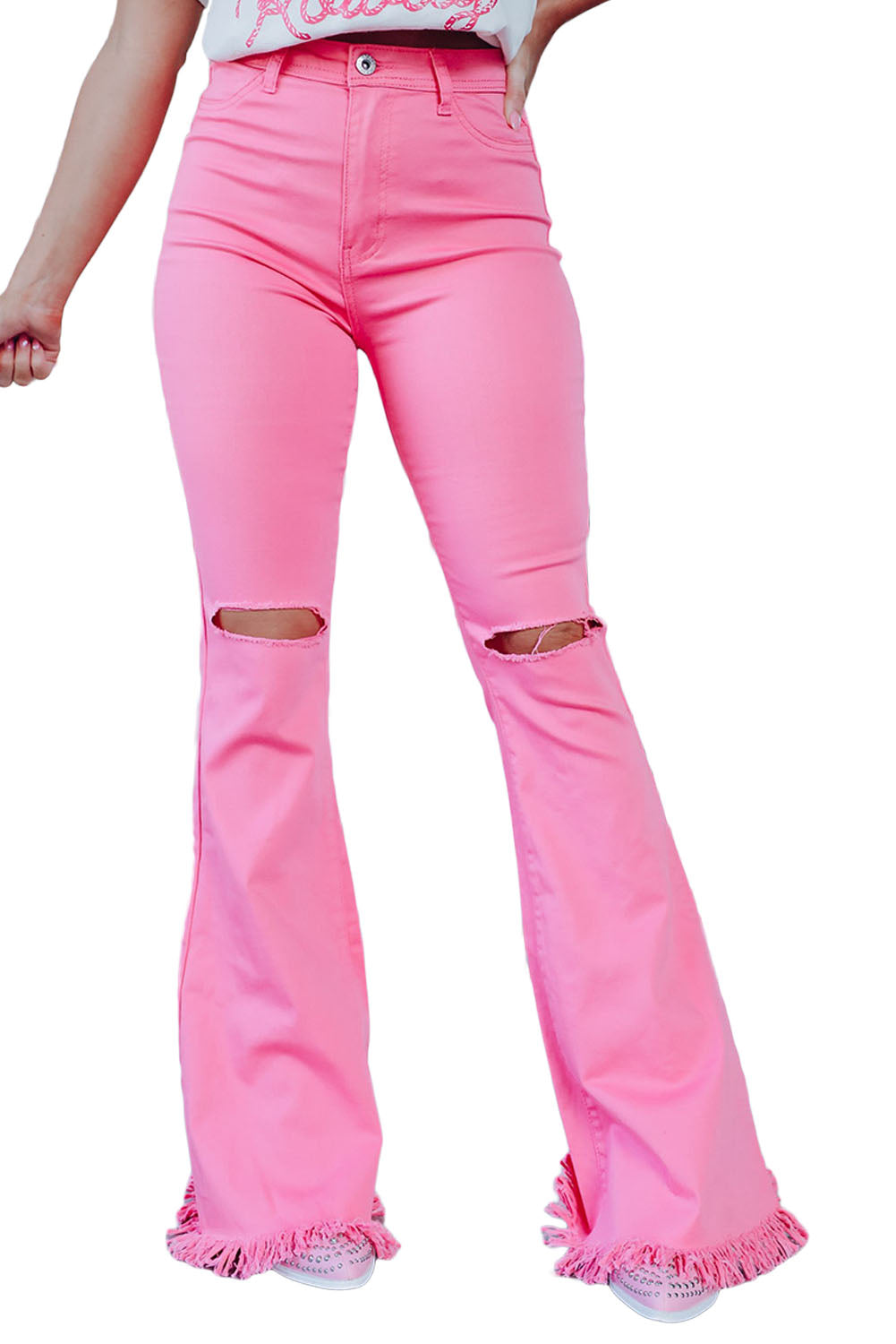 Pink Vintage High Waist Flare Leg Ripped Raw Hem Jeans - The Red Leopard Boutique 