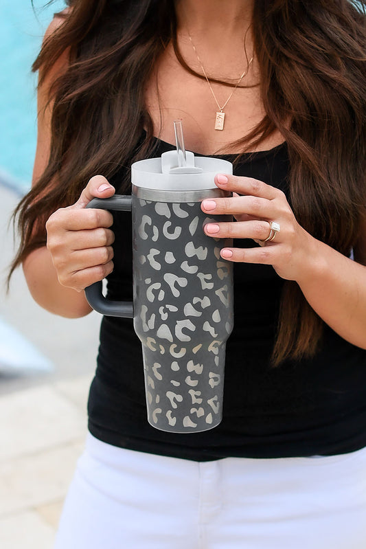 Gray Leopard Print 40OZ Stainless Steel Portable Cup with Handle - The Red Leopard Boutique 