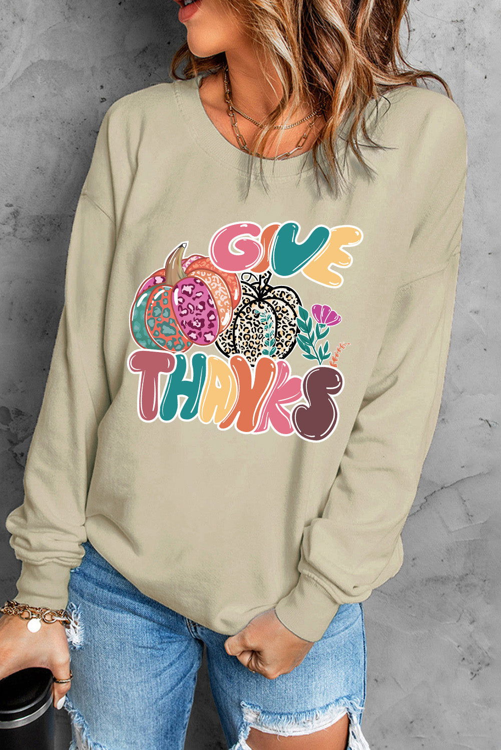 Khaki Give Thanks Pumpkin Print Graphic Crew Neck Sweatshirt