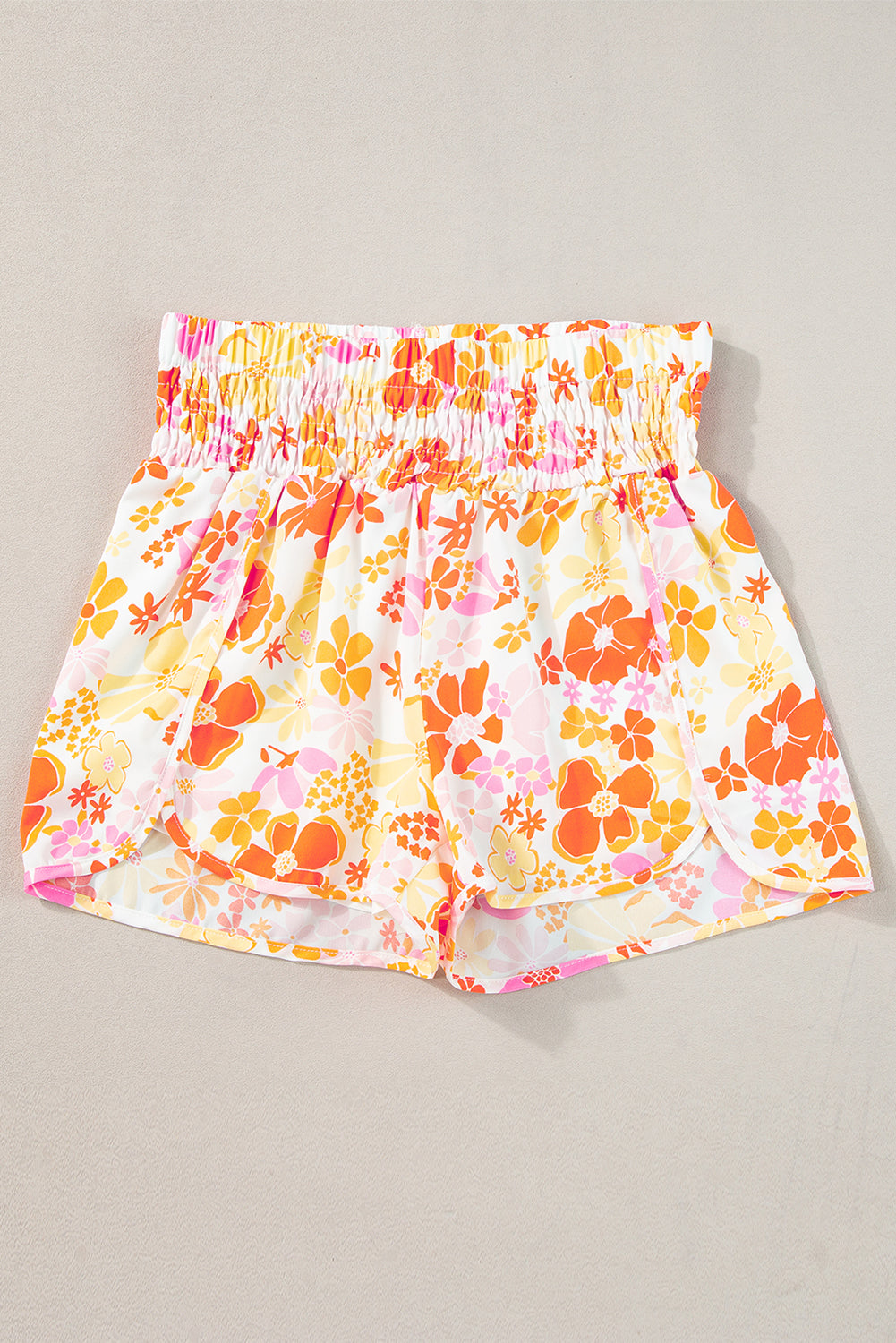 Pink Boho Floral Shirred High Waist Casual Shorts