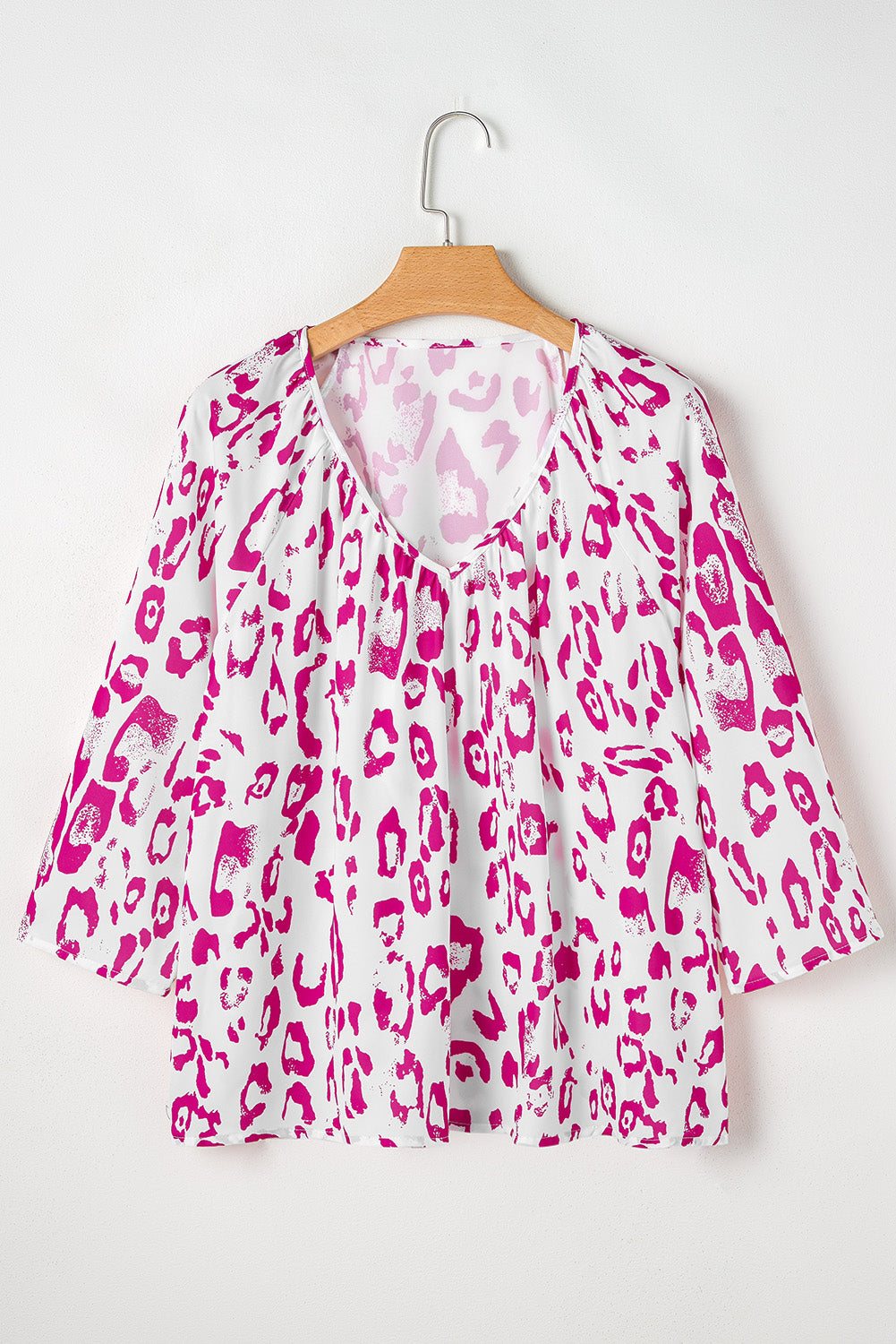 Rose Leopard Print Ruched V Neck 3/4 Sleeve Blouse